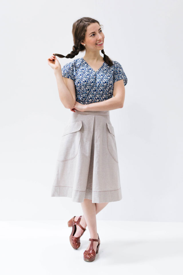 Tan Casey Skirt, Floral Brooks Blouse, Swedish Hasbeens